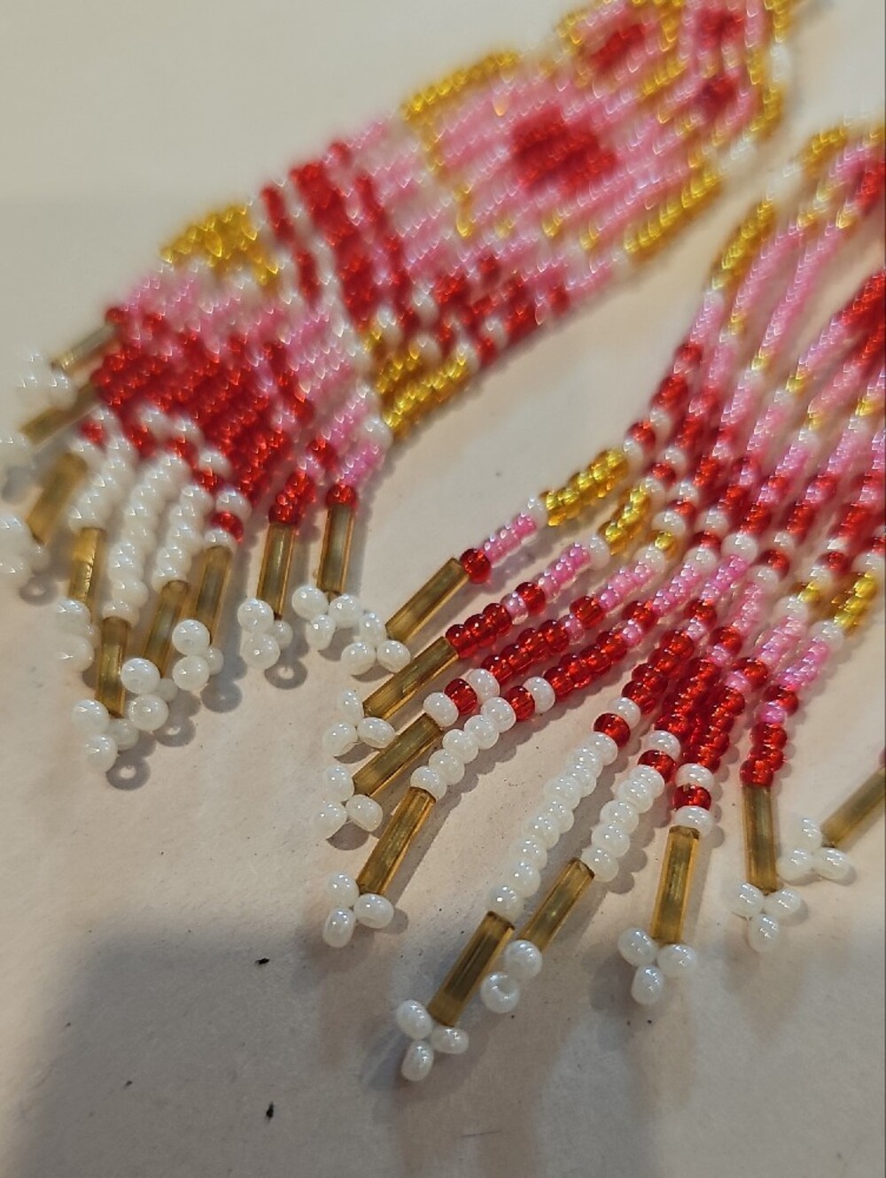 Gold-Accented Pink & Red Beaded Fringe Earrings - Picture 5 of 7